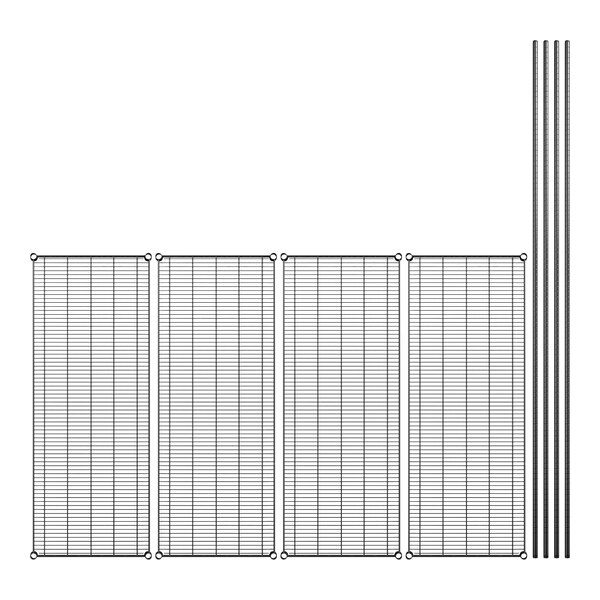 A black wire shelving kit with four shelves and poles.