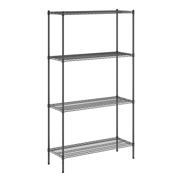 A black wire Regency shelving unit with four shelves.