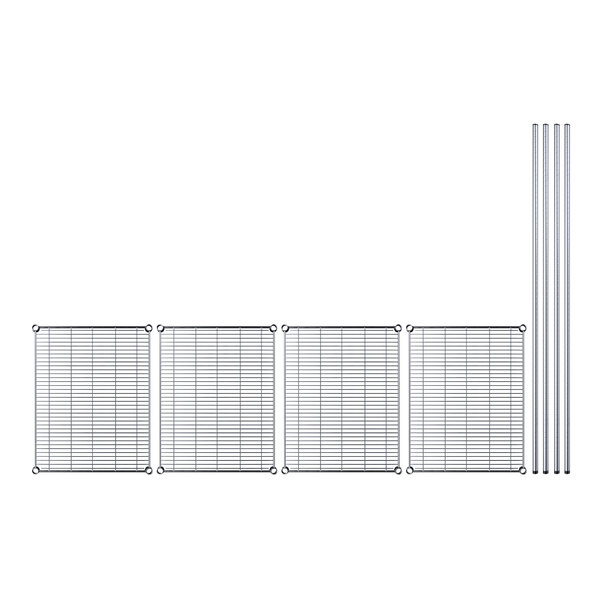 A white metal wire grid with metal rods forming four shelves.