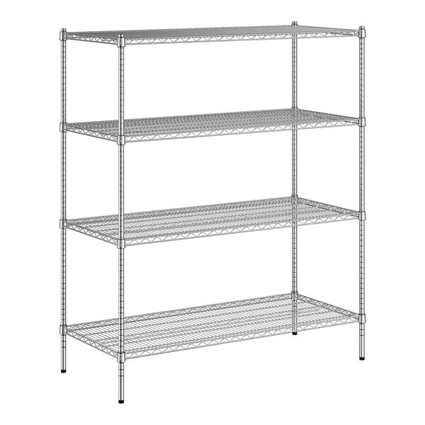 A wireframe of a Regency metal wire shelving unit with four shelves.