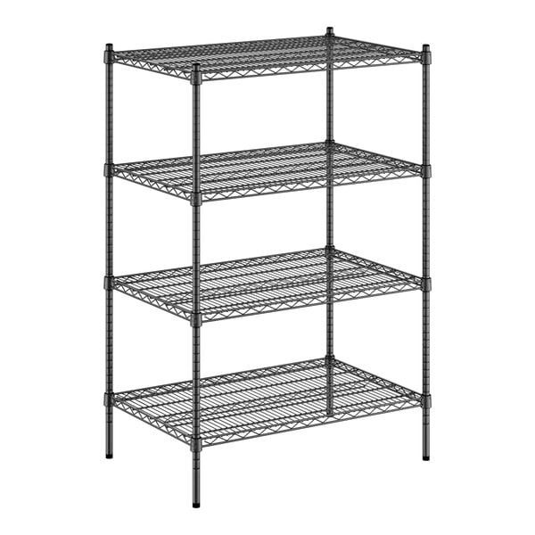 A black wire shelving unit with four shelves.