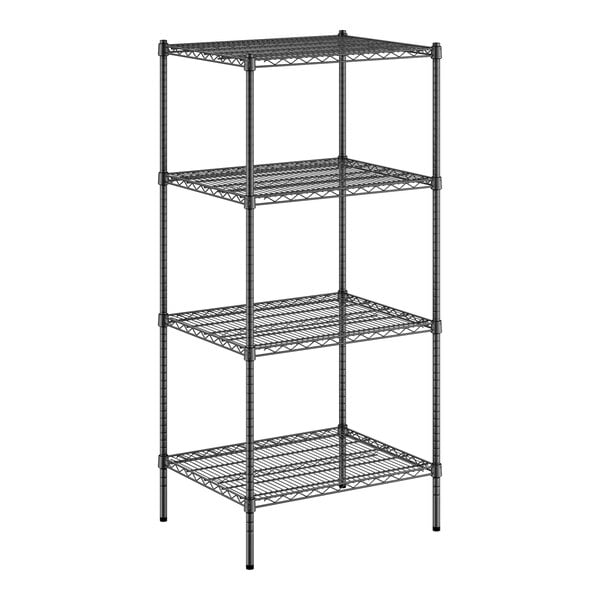 A black wire shelving unit with four shelves.