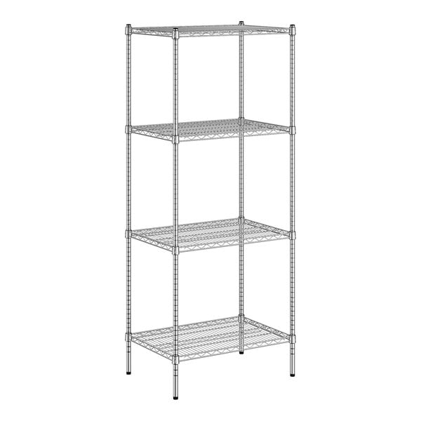 A wireframe of a Regency metal wire shelving unit with four shelves.