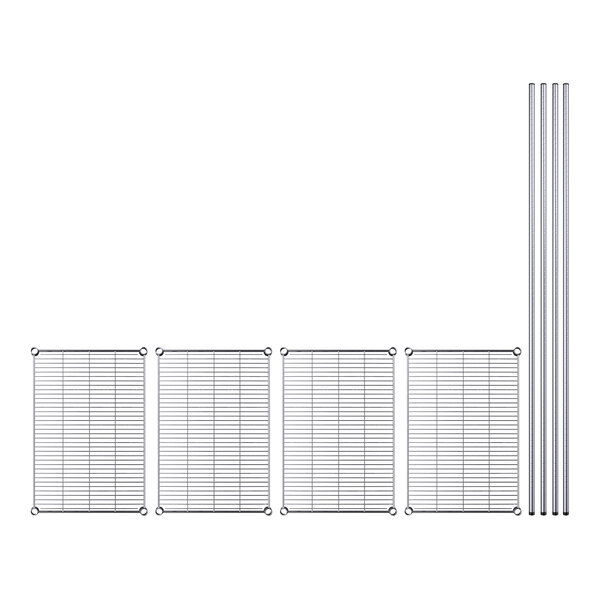 A close-up of a Regency chrome wire shelf grid with metal rods.