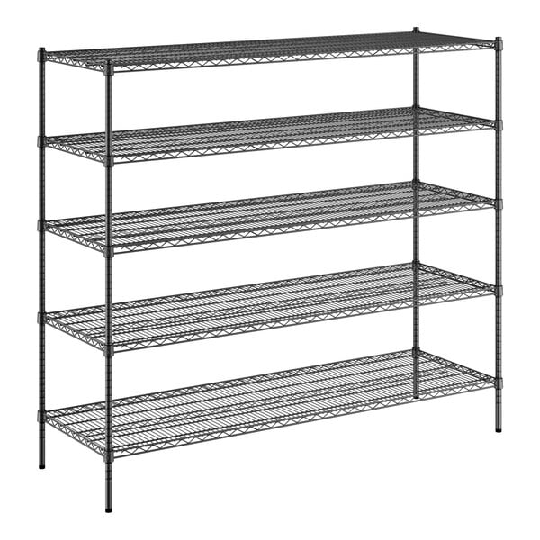 A Regency black wire shelving unit with five shelves.