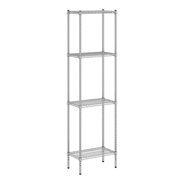 A wire shelving unit with four shelves.