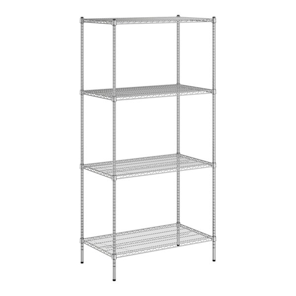 A wireframe of a Regency chrome wire shelving unit with four shelves.