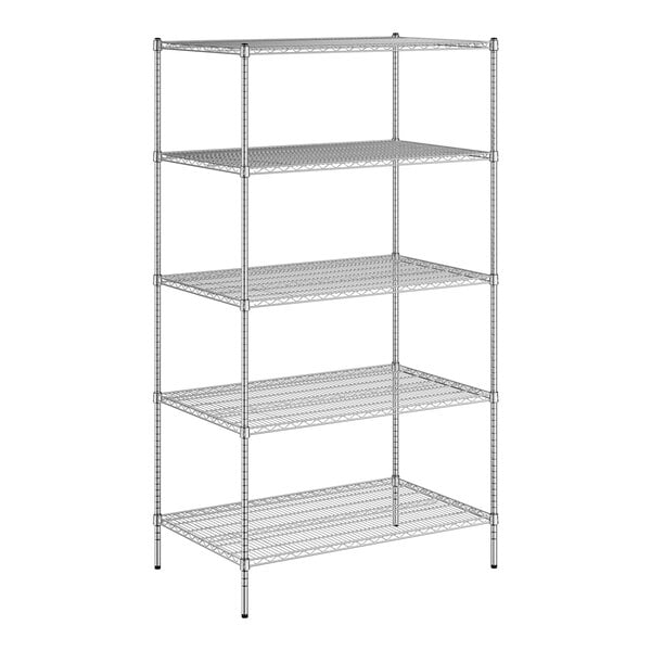 A wireframe of a Regency chrome wire shelving unit with four shelves.