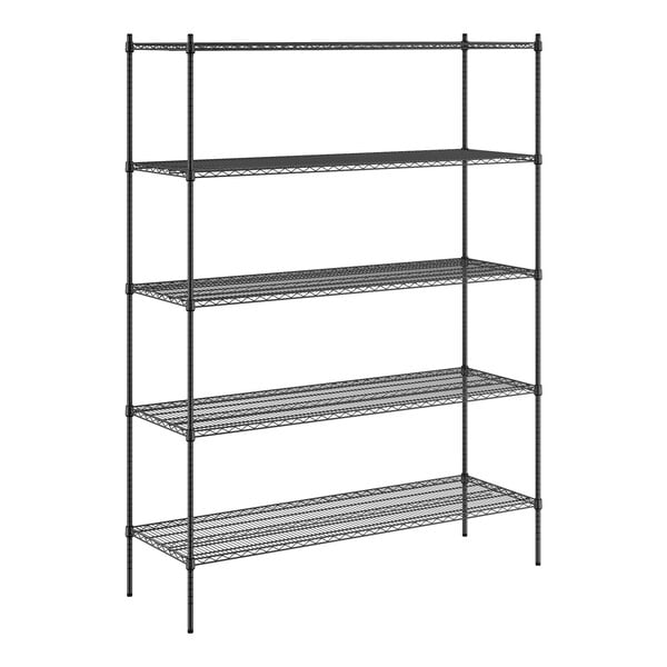 A Regency black wire shelving unit with four shelves.