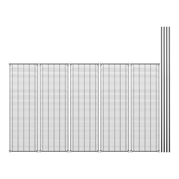 A close-up of a black wire shelf with a grid pattern.