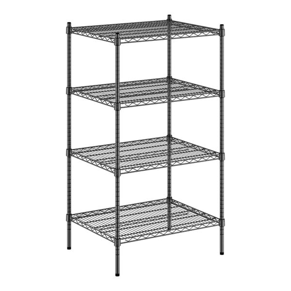 A black metal Regency wire shelving unit with four shelves.