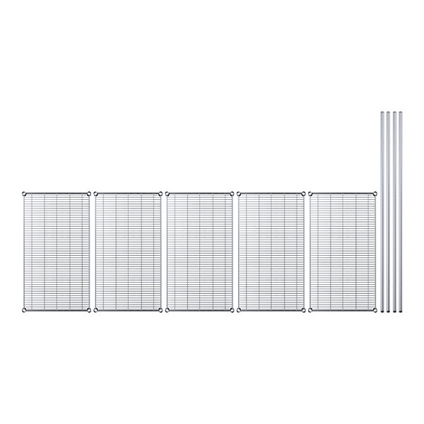 A row of metal wire shelves with black grid panels on a white background.