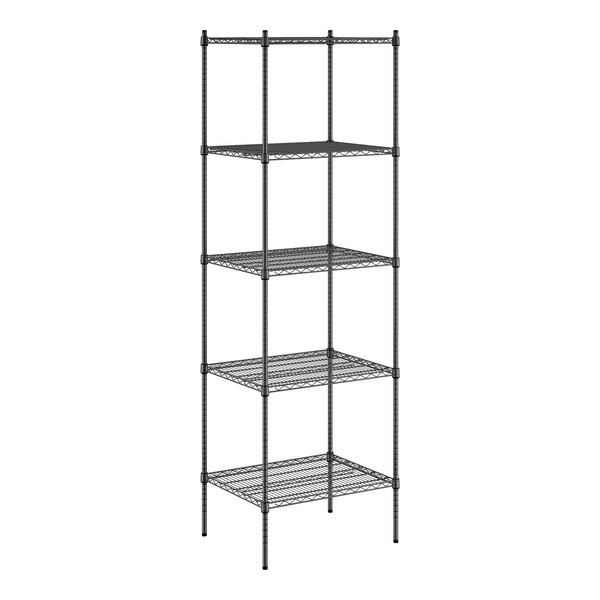 A Regency black metal wire shelving unit with five shelves.