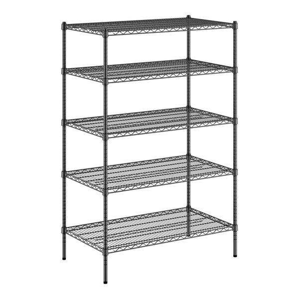 A Regency black wire shelving unit with four shelves.