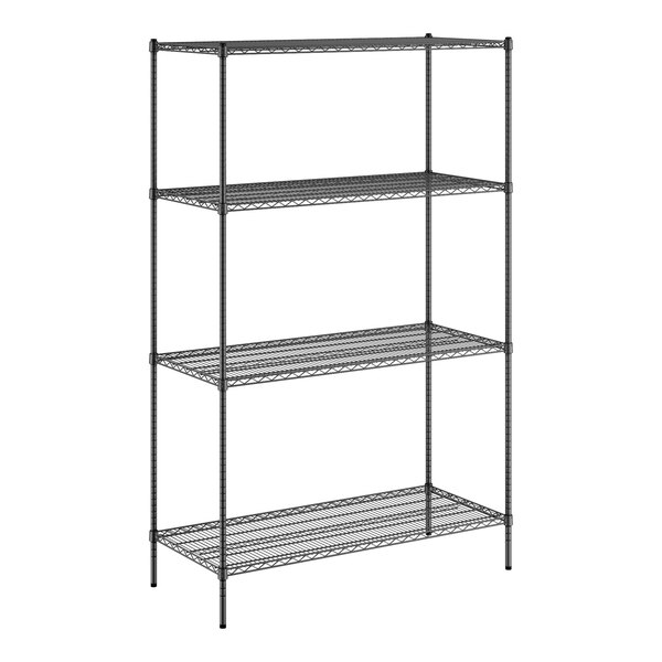 A Regency black wire shelving unit with four shelves.