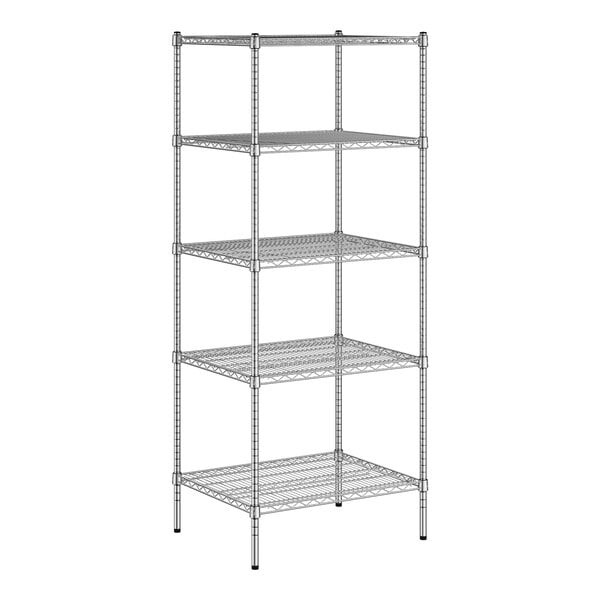 A wireframe of a Regency chrome wire shelving unit with four shelves.