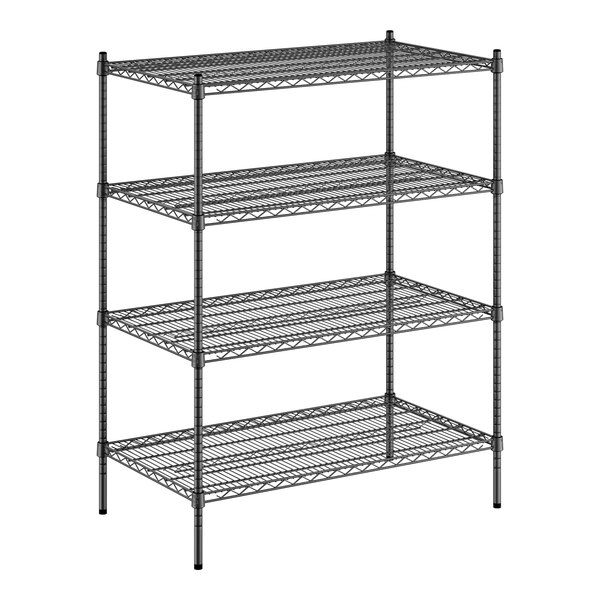 A black wire shelving unit with four shelves.