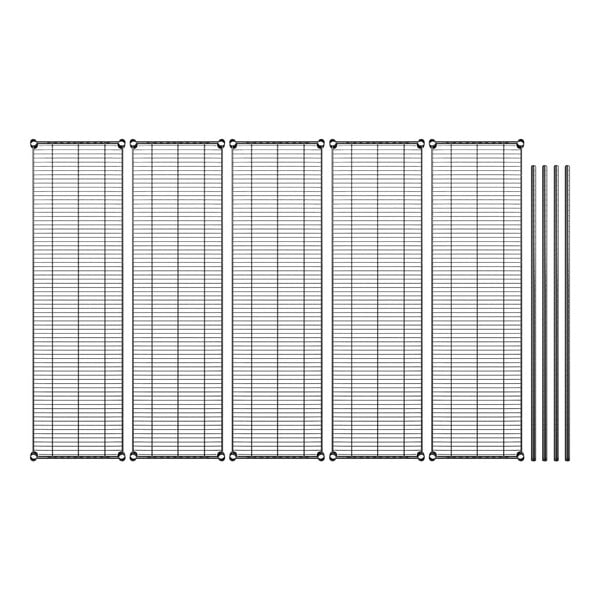 A set of wire mesh shelves with black metal rods.