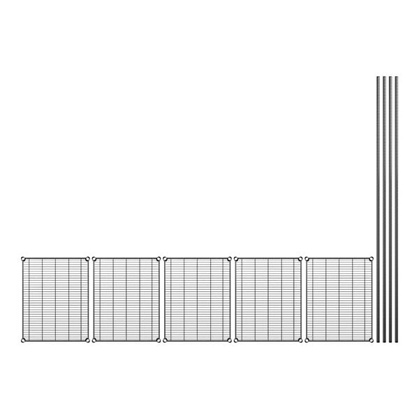 A black metal wire shelving unit with five shelves and four poles.