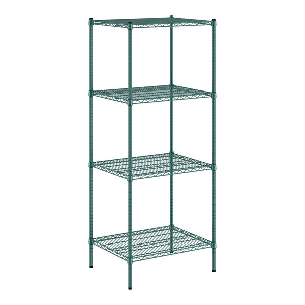 A green wire shelving unit with four shelves.