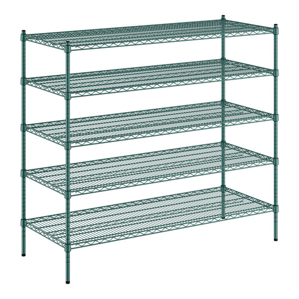 A green wire Regency shelving unit with five shelves.