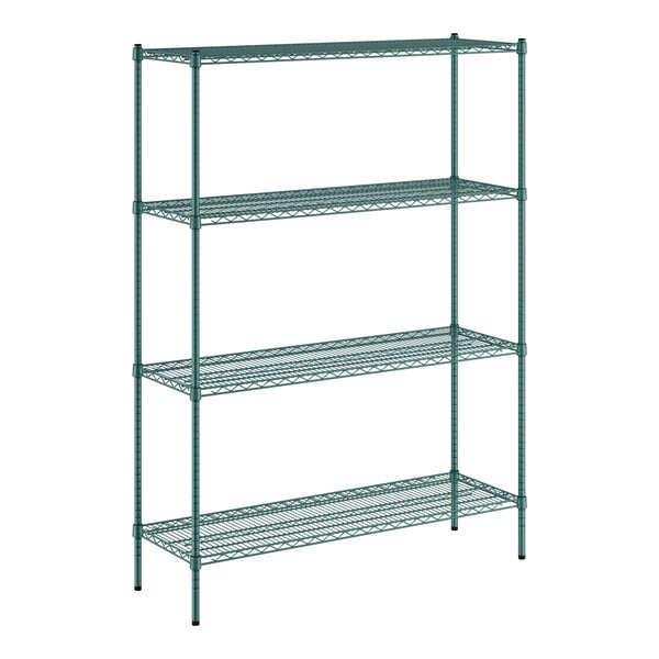 A green Regency wire shelving unit with four shelves.