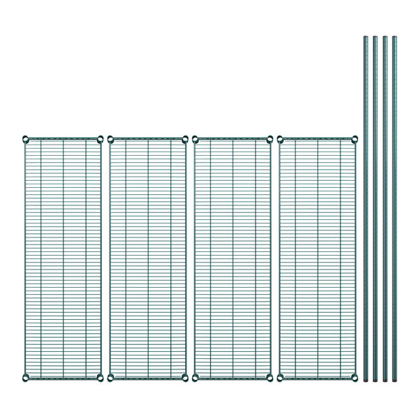 A wire rack with four metal grid shelves.