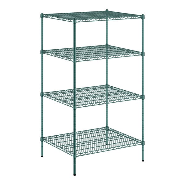 A green wire shelving unit with four shelves.