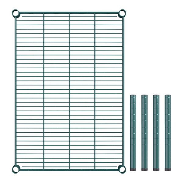 A close-up of a green wire mesh grid with several rods and metal poles.