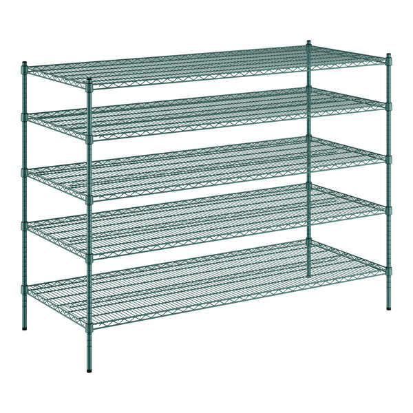 A Regency green wire shelving unit with four shelves.