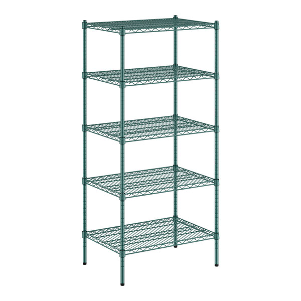 A green wire shelving unit with four shelves.