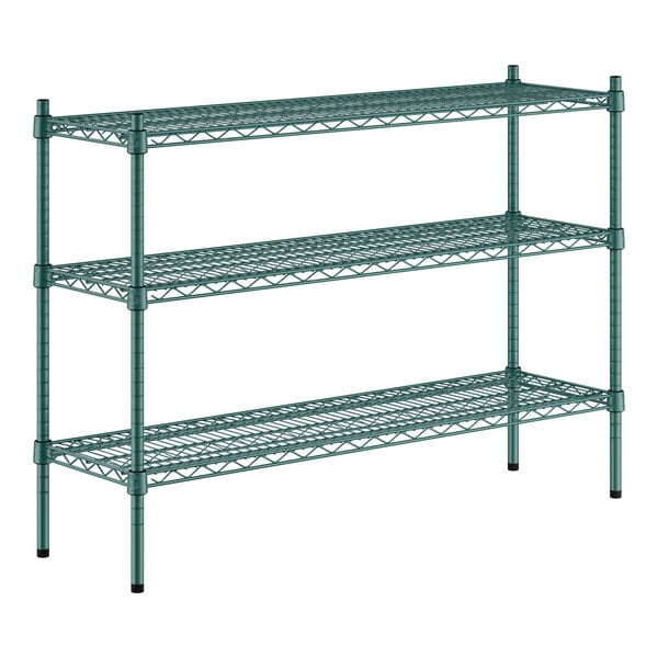 A green metal wire shelving unit with three shelves.