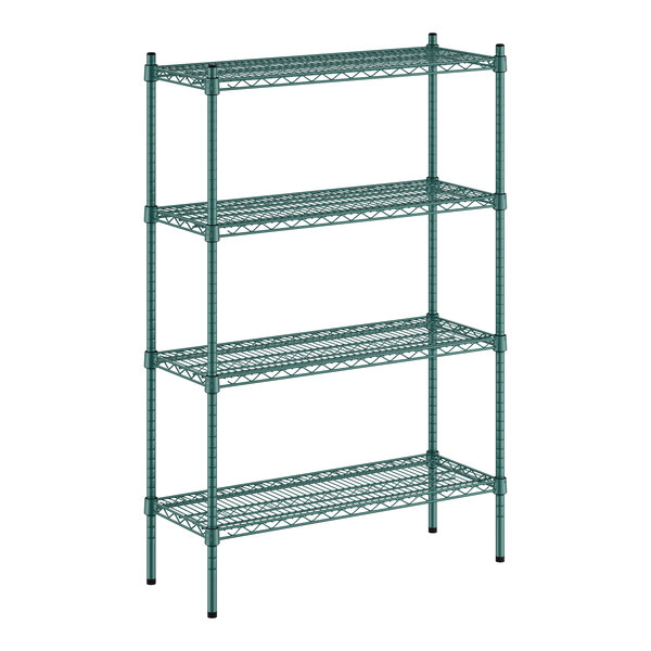 A green metal wire shelving unit with four shelves.