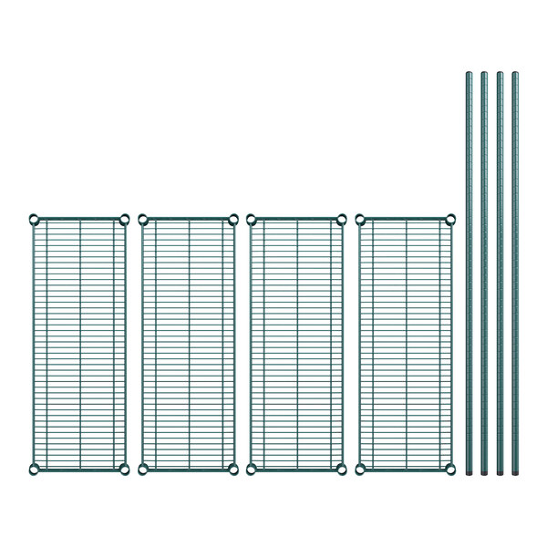 A close-up of several green wire racks with metal poles.
