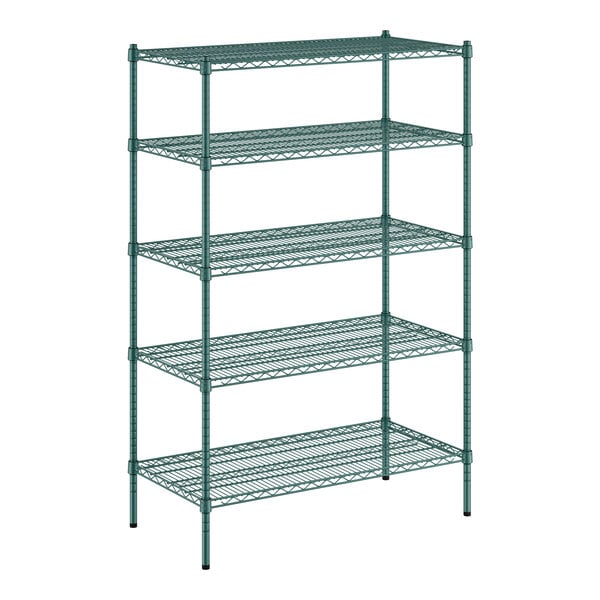 A green Regency wire shelving unit with five shelves.