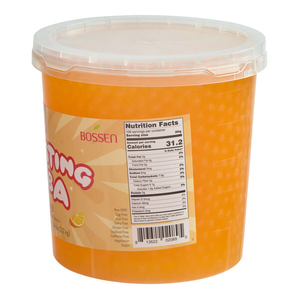 A large plastic tub of Bossen Pure25 orange bursting boba with a nutrition label on the side.