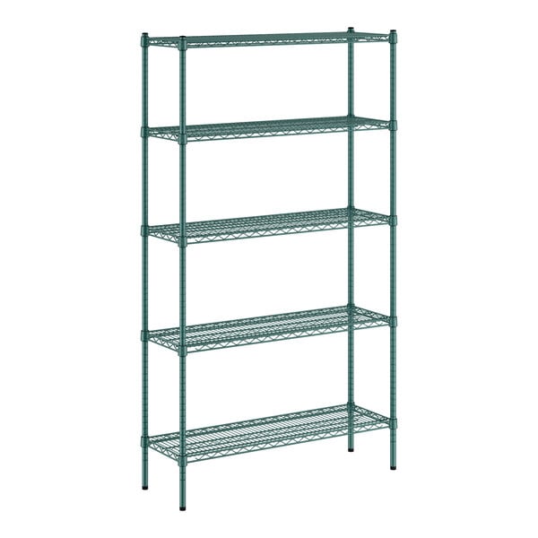 A green Regency wire shelving unit with five shelves.