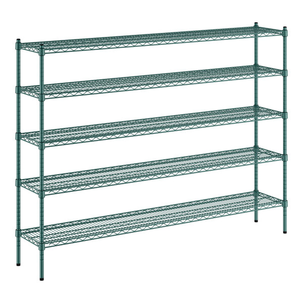 A green Regency wire shelving unit with five shelves.