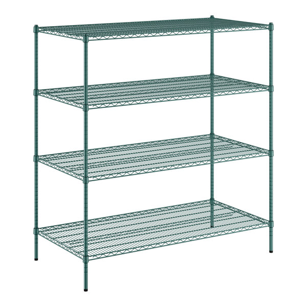 A Regency green wire shelving unit with four shelves.