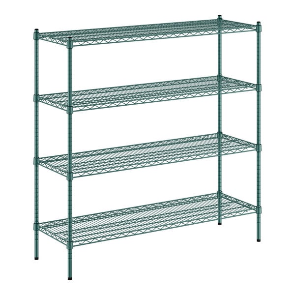 A green metal wire shelving unit with four shelves.