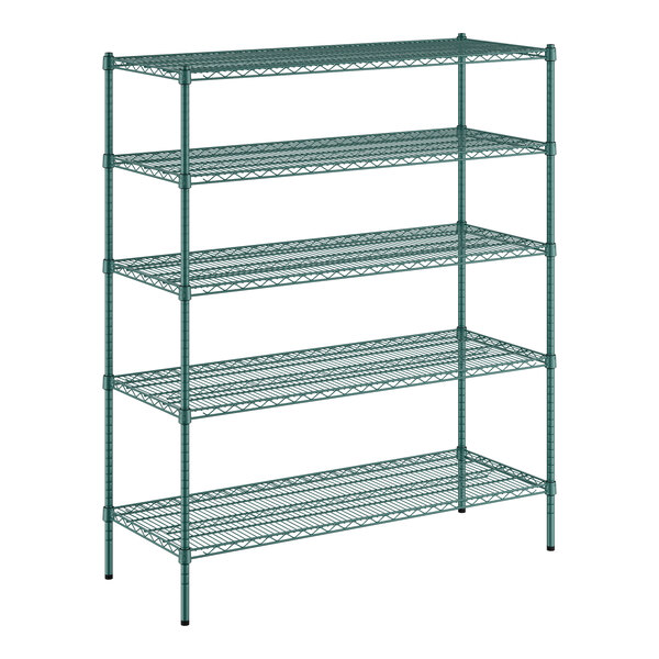 A green metal wire shelving unit with four shelves.