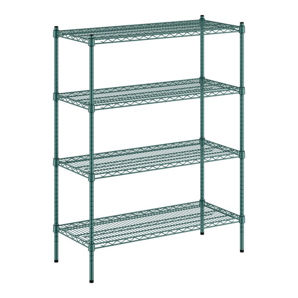 A Regency green wire shelving unit with four shelves.