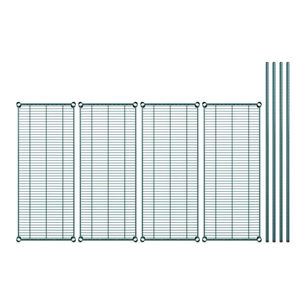 A Regency wire shelving kit with green epoxy shelves and metal rods.