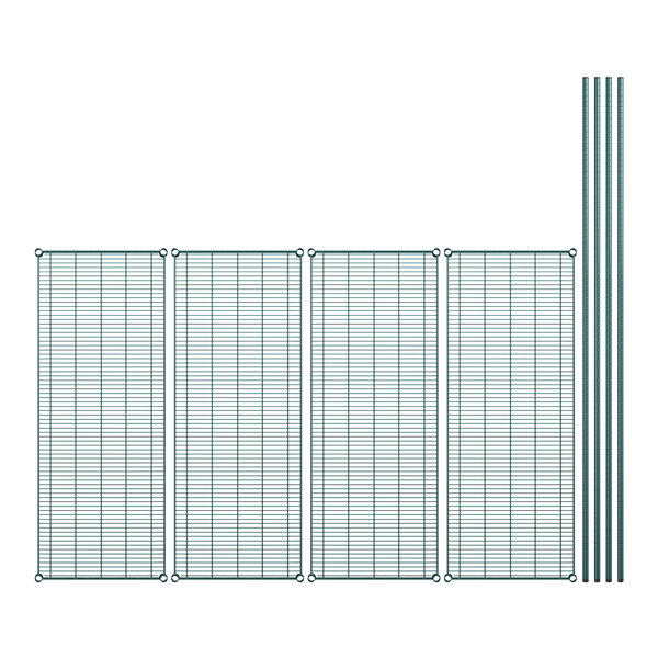 A wire shelving unit with four green wire mesh shelves and posts.