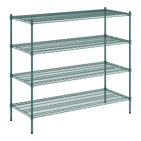 A Regency green wire shelving unit with four shelves.