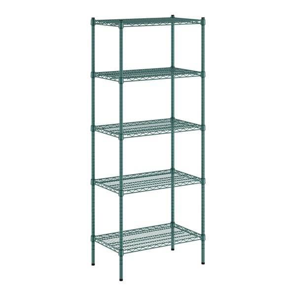 A Regency green wire shelving unit with five shelves.