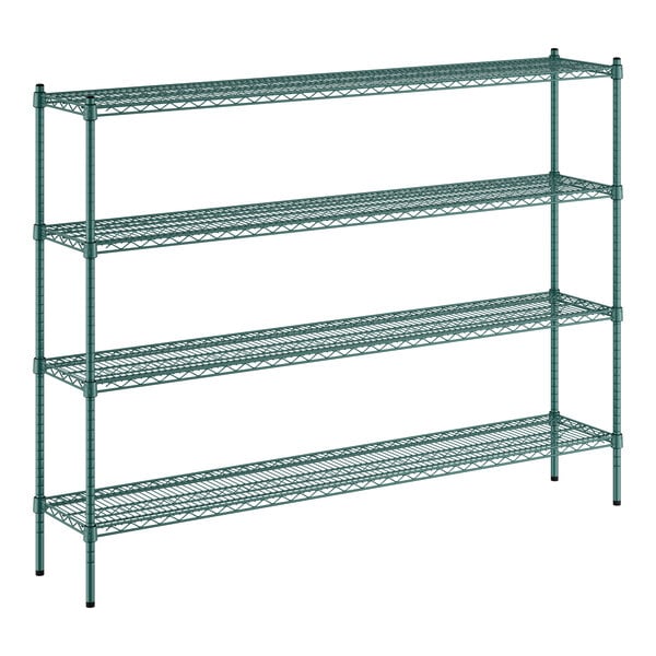 A green metal Regency wire shelving unit with four shelves.