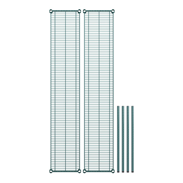 A close-up of a pair of green wire shelves, metal grids, and metal poles.