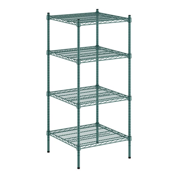 A Regency green wire shelving unit with four shelves.