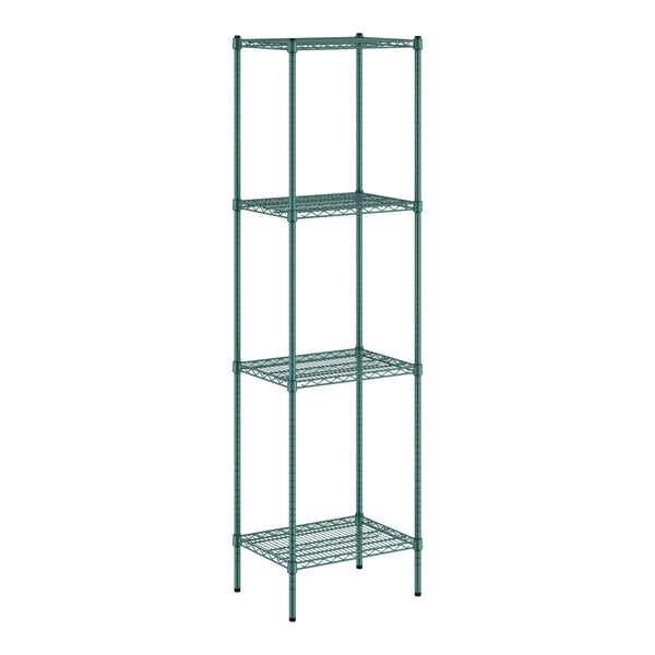 A green wire shelving unit with four shelves.